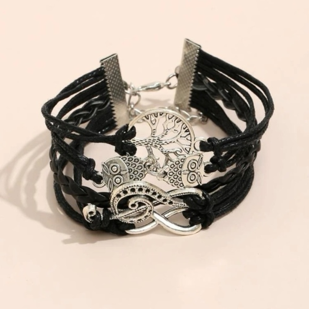 Layered Black Faux Leather Bracelet Treble Clef Owl Infinity Tree - Picture 3 of 6